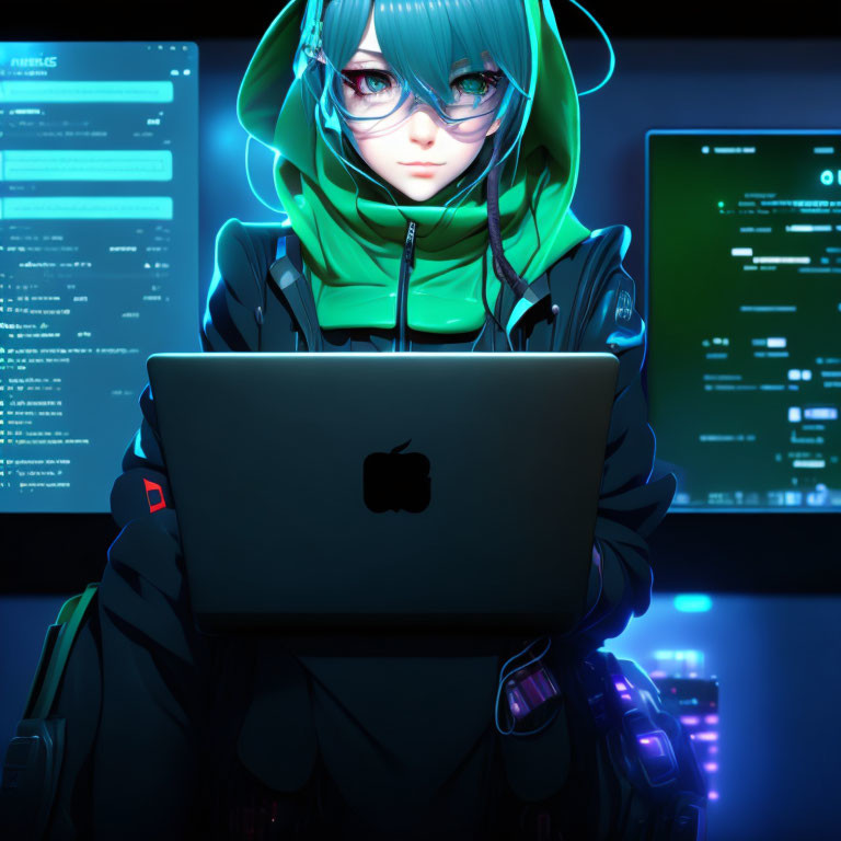 Digital illustration: Person with blue hair, green hood, headphones, glasses, coding on laptop with blue