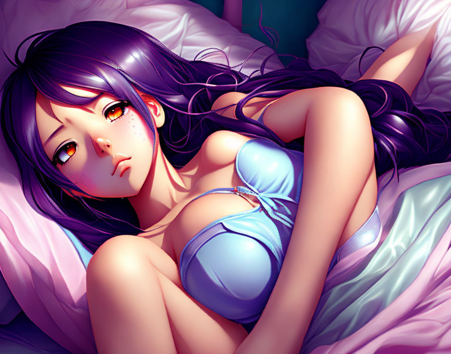 Anime-style illustration of girl with purple hair and red eyes, lying on bed, bathed in soft