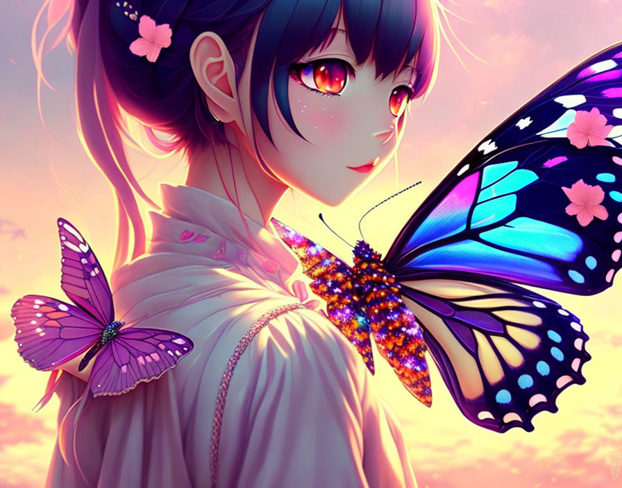 Blue-haired anime girl with red eyes and butterflies in pink sunset sky