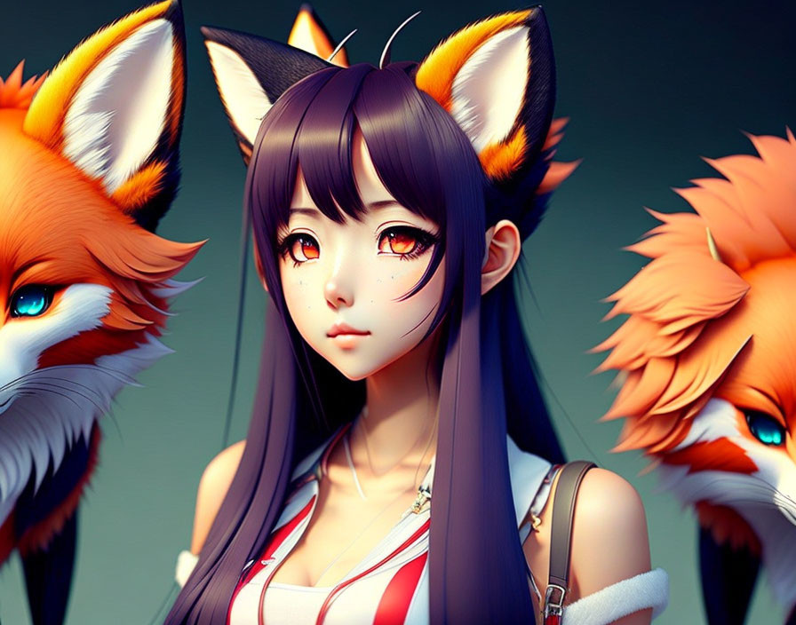 anime girl with fox ears, anime style