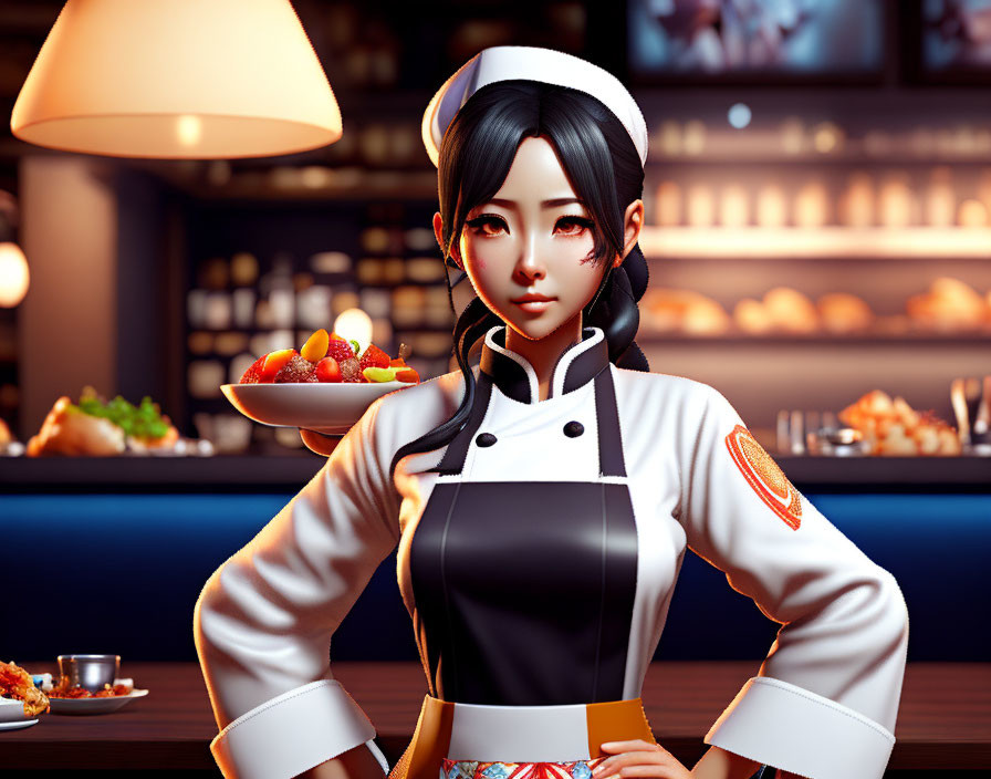 Female Asian Chef in Black and White Uniform with Strawberries in Modern Kitchen