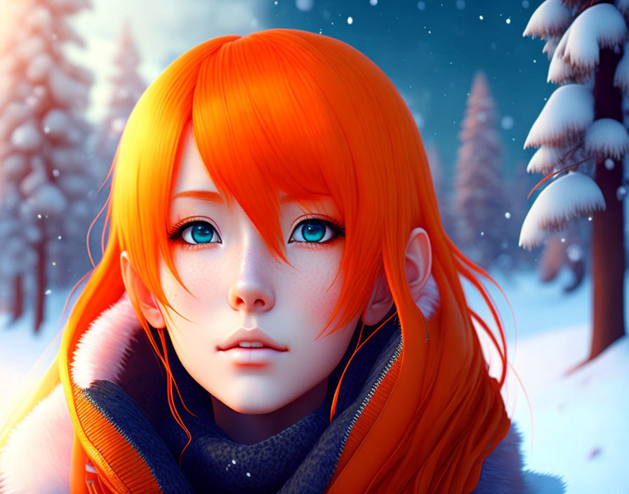 Vibrant orange hair woman in snowy forest scene