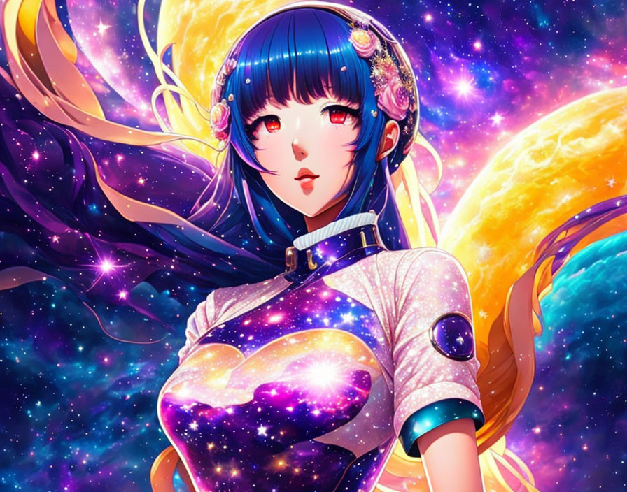 Blue-haired anime girl in cosmic setting with stars and planets