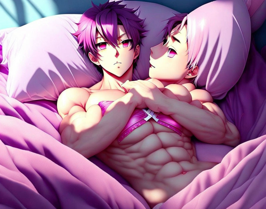 Muscular animated characters with pink hair in romantic pose on bed, showcasing defined abs