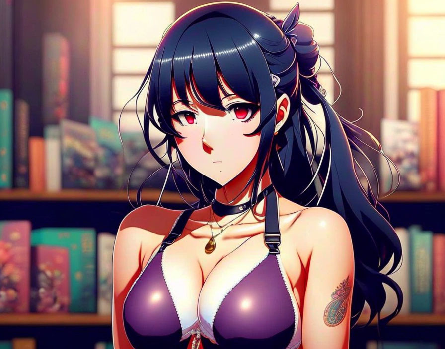 Anime-style illustration of woman with long black hair, red eyes, purple bikini top, pendant, hair
