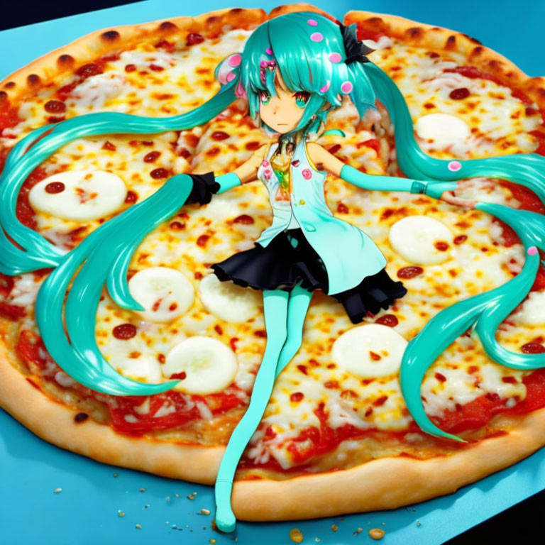 Turquoise-Haired Anime Character on Pizza Background