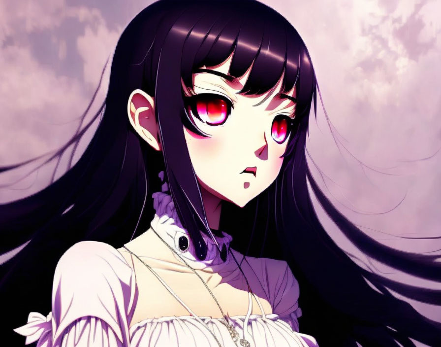 Long Black-Haired Anime Girl in White Blouse, Red Eyes, Pink and Purple Sky