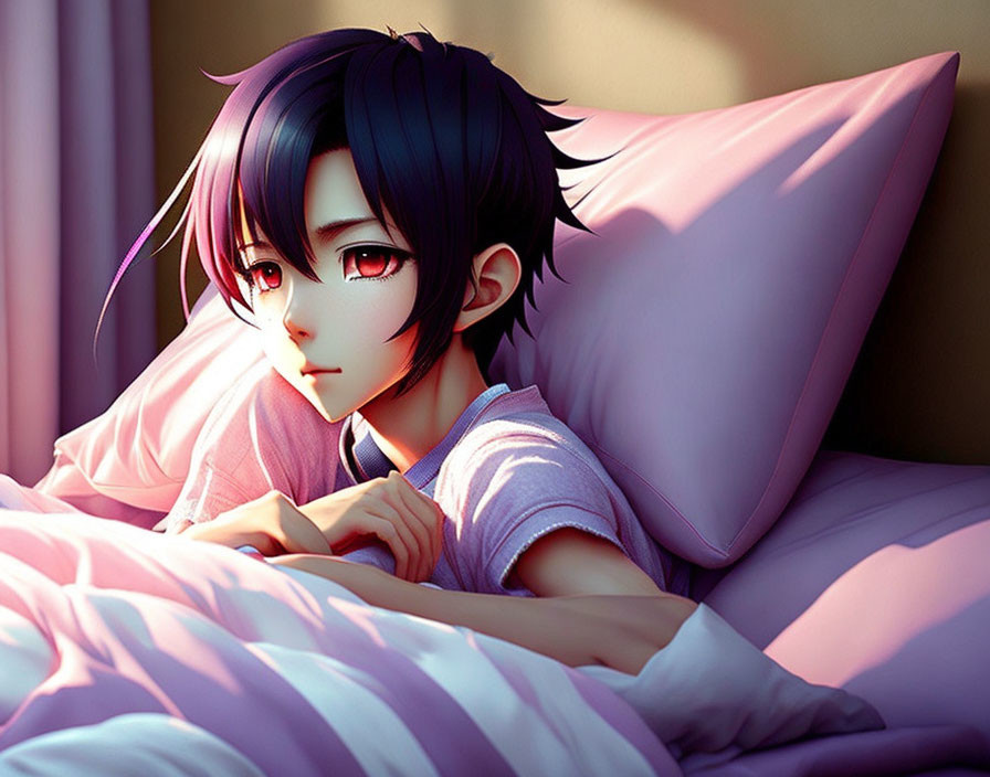 Anime character with dark blue hair and red eyes on bed with pink pillows and blankets.