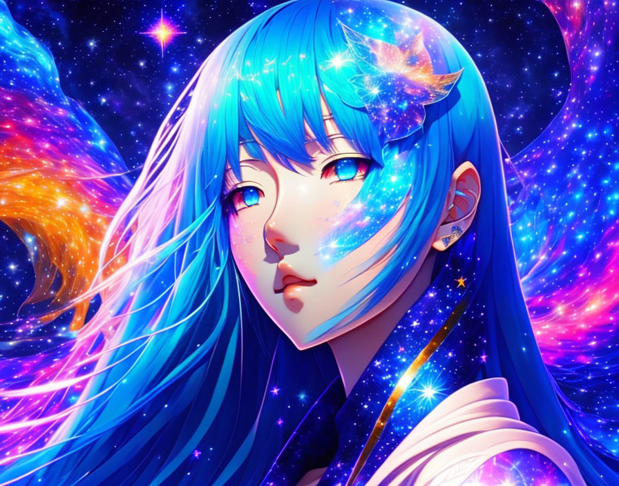 Vibrant Blue Hair Anime Character with Cosmic Motif