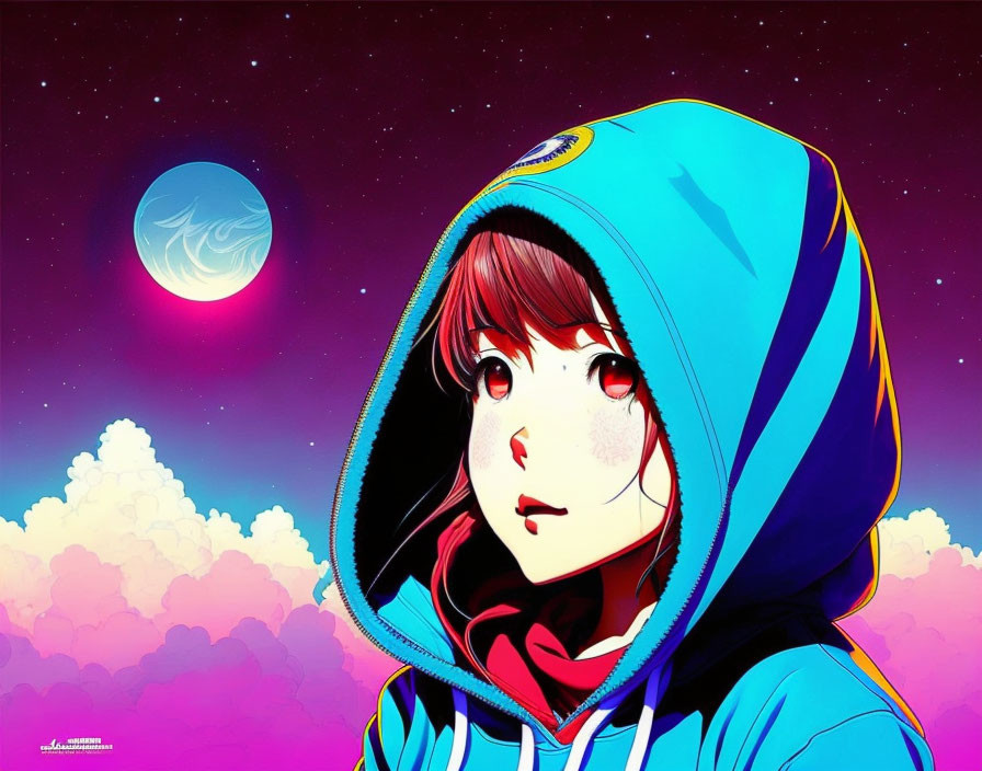 Blue-hooded anime girl gazes under pink night sky with stylized moon