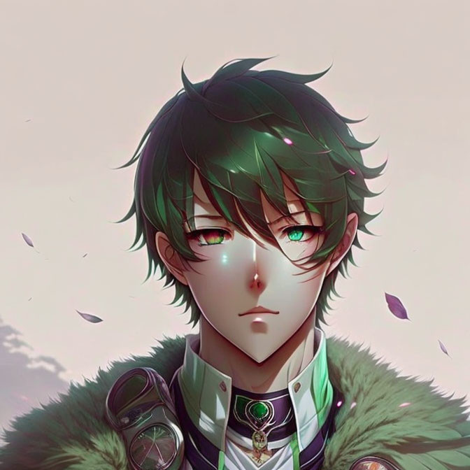 Anime-style male character with green hair and red eyes in fur-collared coat surrounded by falling pink