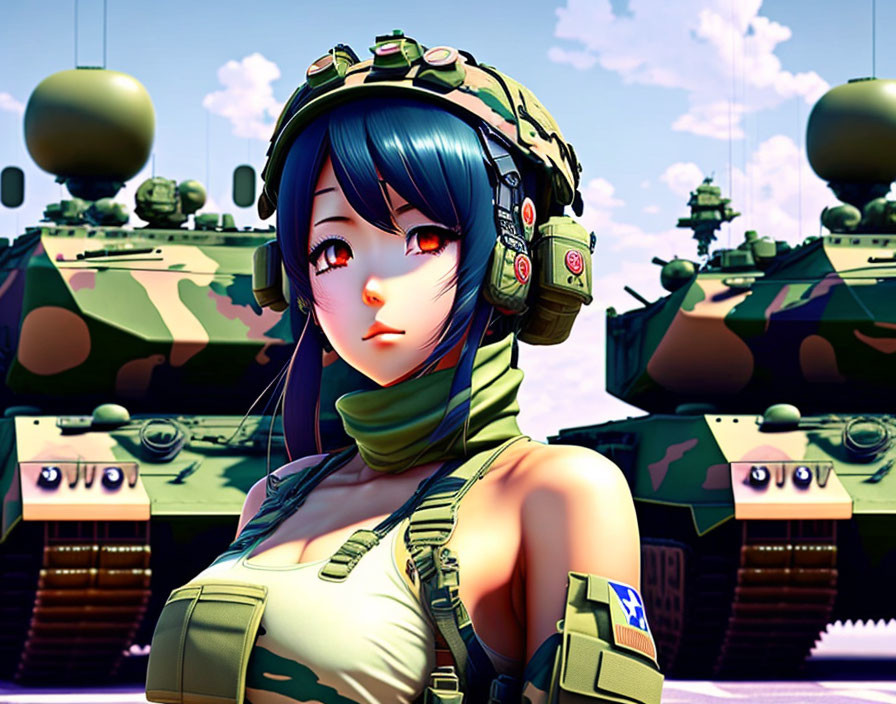 Stylized digital art of female character in military attire with blue hair
