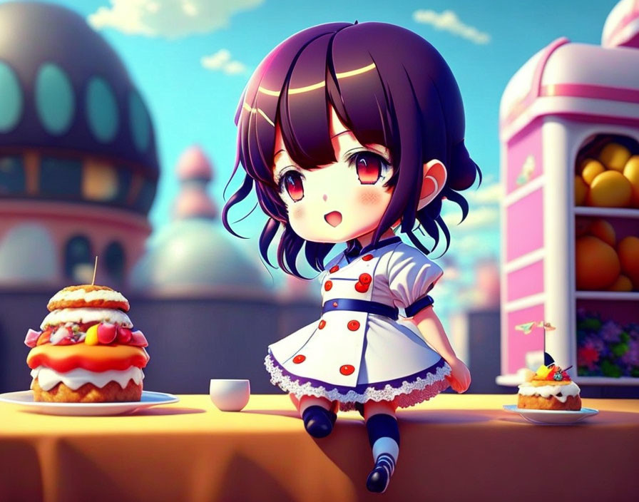 Animated girl with big eyes and brown hair enjoying desserts in a colorful fantasy scene