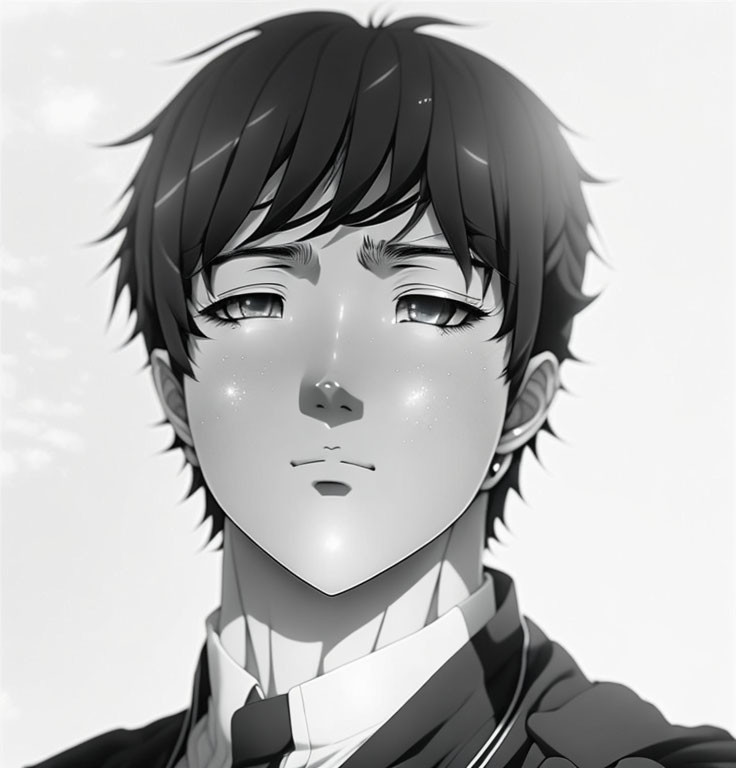 Monochrome anime-style artwork of teary-eyed person with dark hair and freckles