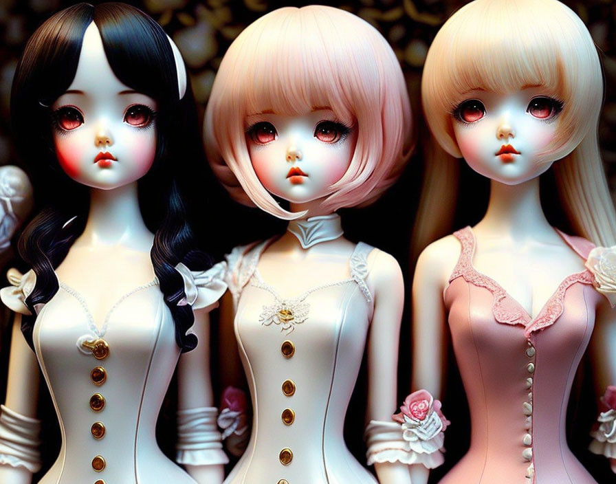 Three dolls with large eyes, fantastical makeup, unique hairstyles, and elegant dresses