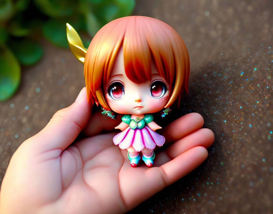 Colorful miniature figurine with big eyes, orange hair, and green outfit in hand