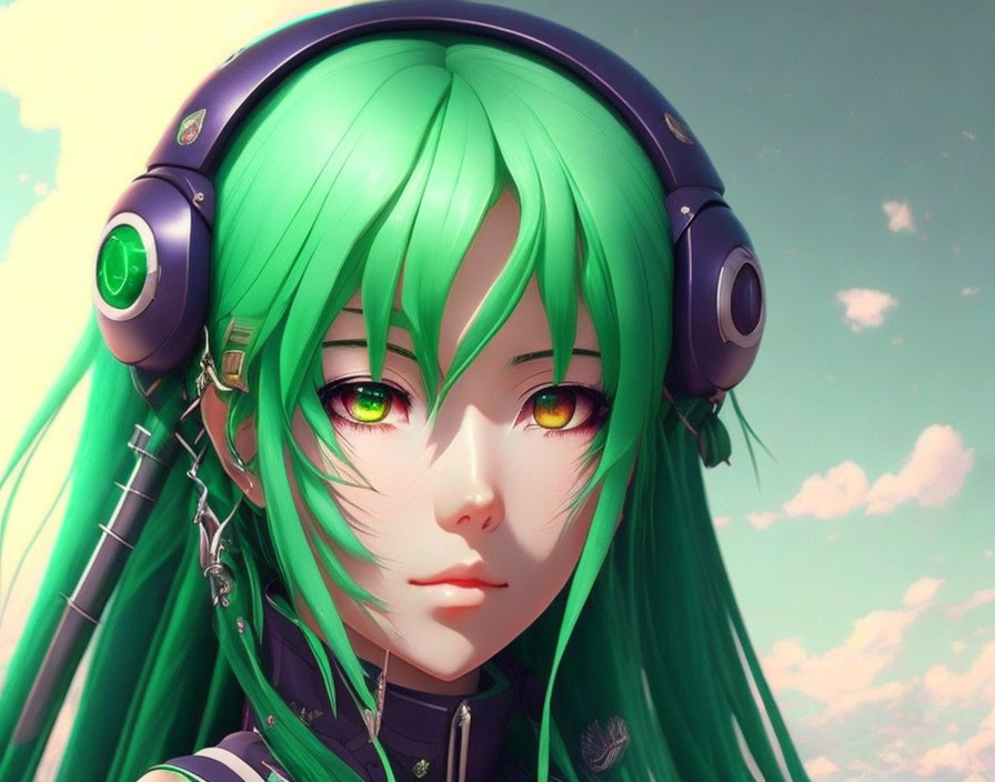 Green-haired girl with futuristic headphones in cloudy sky.