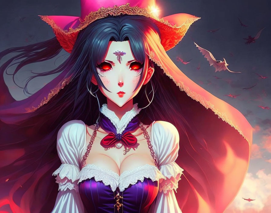 Long-haired female anime character in purple corset and witch's hat under crimson sky