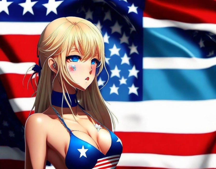blonde anime girl fan of united states in bikini