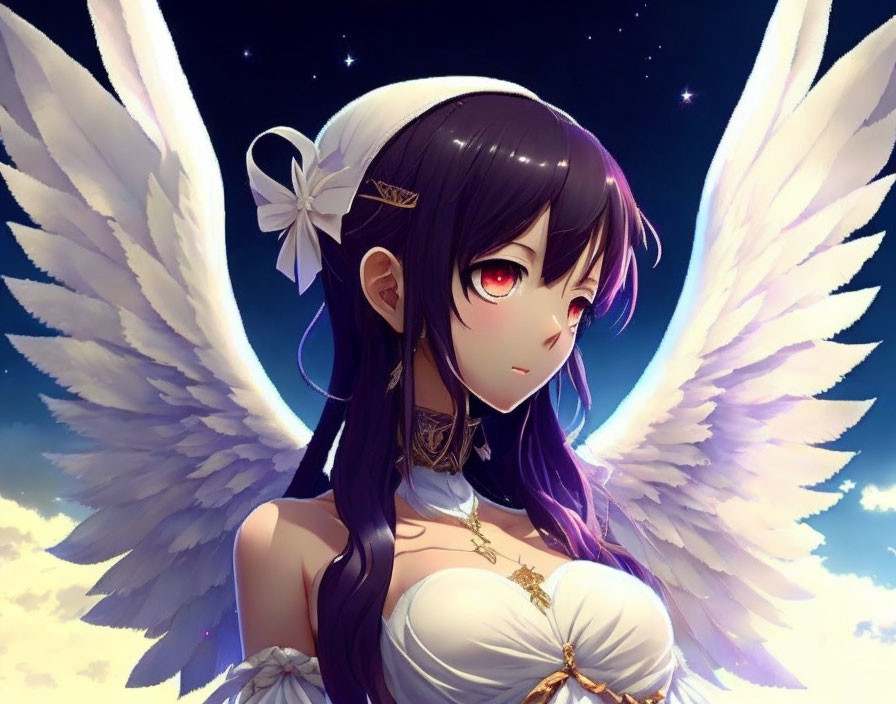 Anime-style character with white wings, purple hair, and red eyes in white dress with gold accents on