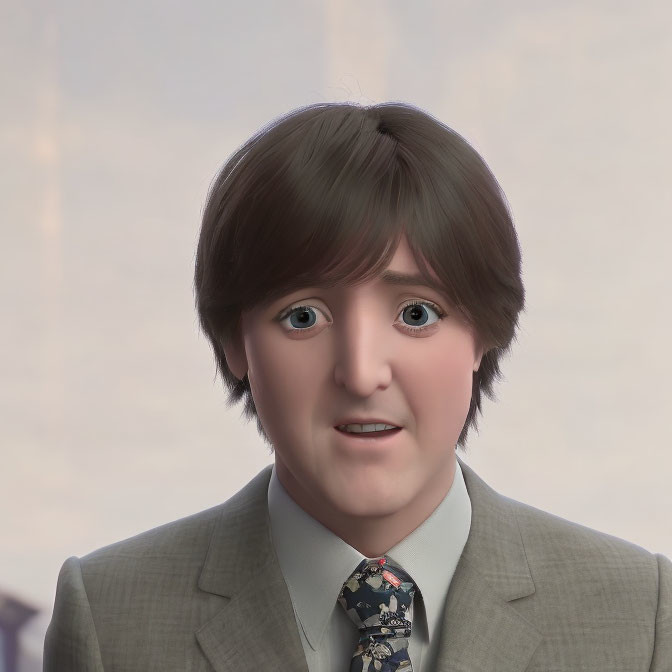 Brown-haired male character in grey suit and tie with surprised look