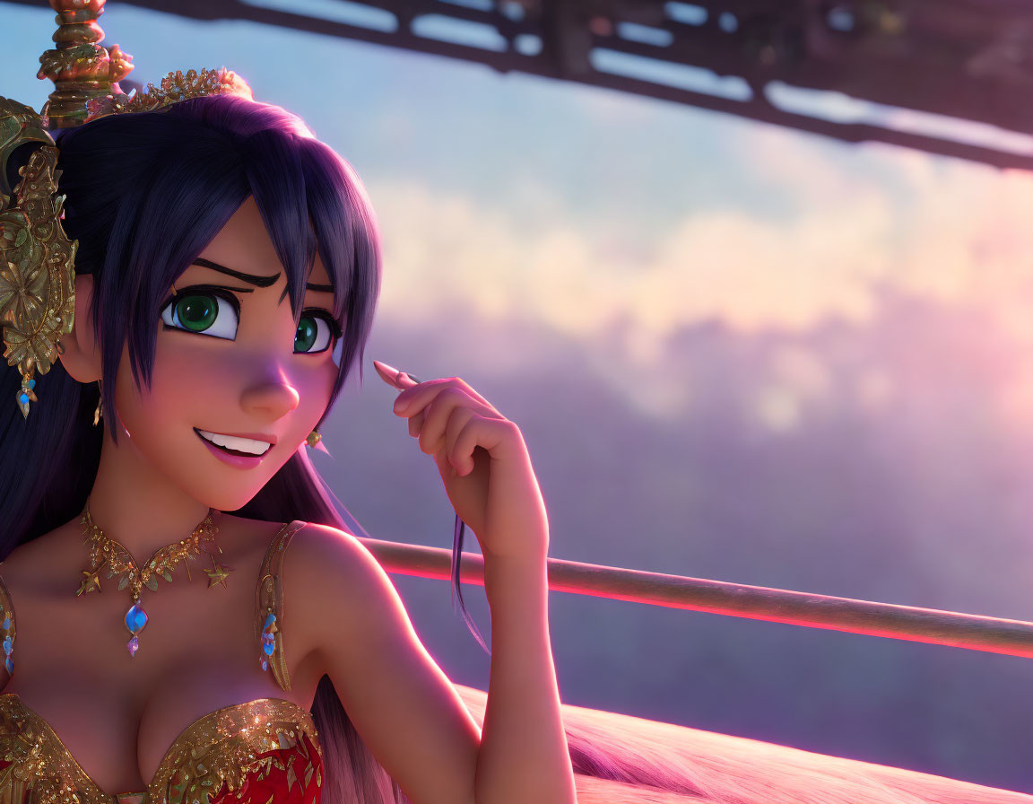 Blue-haired female character in 3D animation with green eyes and golden jewelry smiling against sunset.