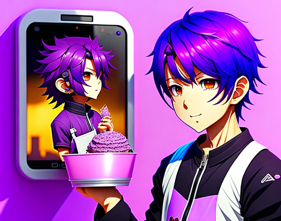 Colorful character with blue hair and purple ice cream bowl, displayed on smartphone screen against pink background