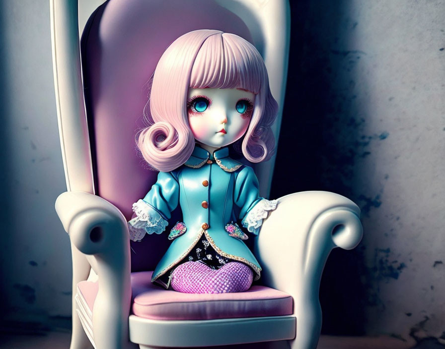 Stylized doll with large eyes and pink hair in blue outfit