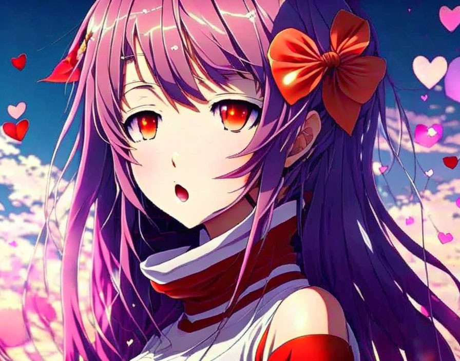 Purple-haired anime girl with red eyes in front of pink sky and hearts