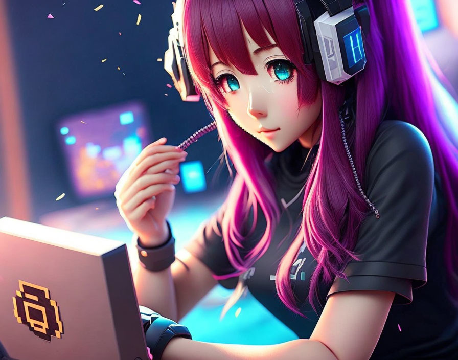 Purple-haired animated character with headphones on laptop, colorful lights and bokeh.
