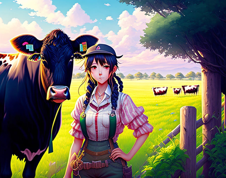 Young woman in overalls and plaid shirt with cow in vibrant pastoral scene