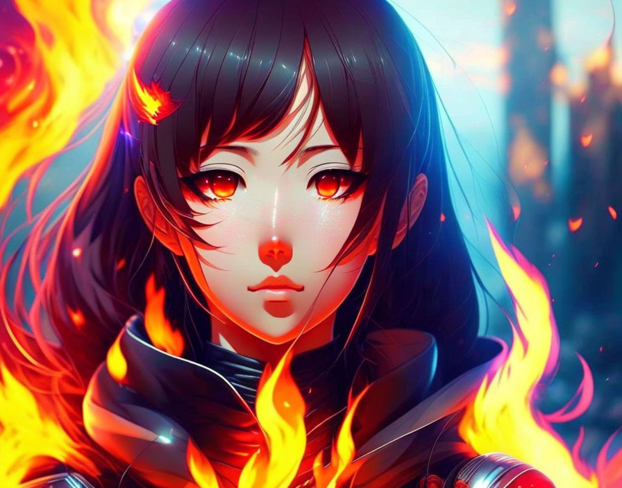Fiery red-eyed anime character surrounded by flames on colorful background