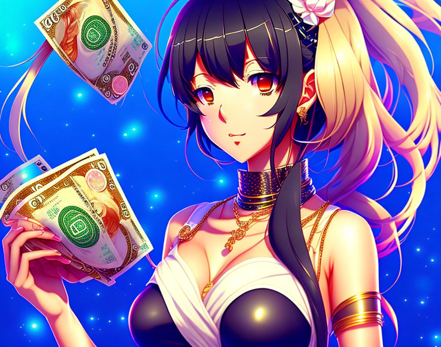 Dark-haired anime-style girl holding money against night sky with sparkling lights.