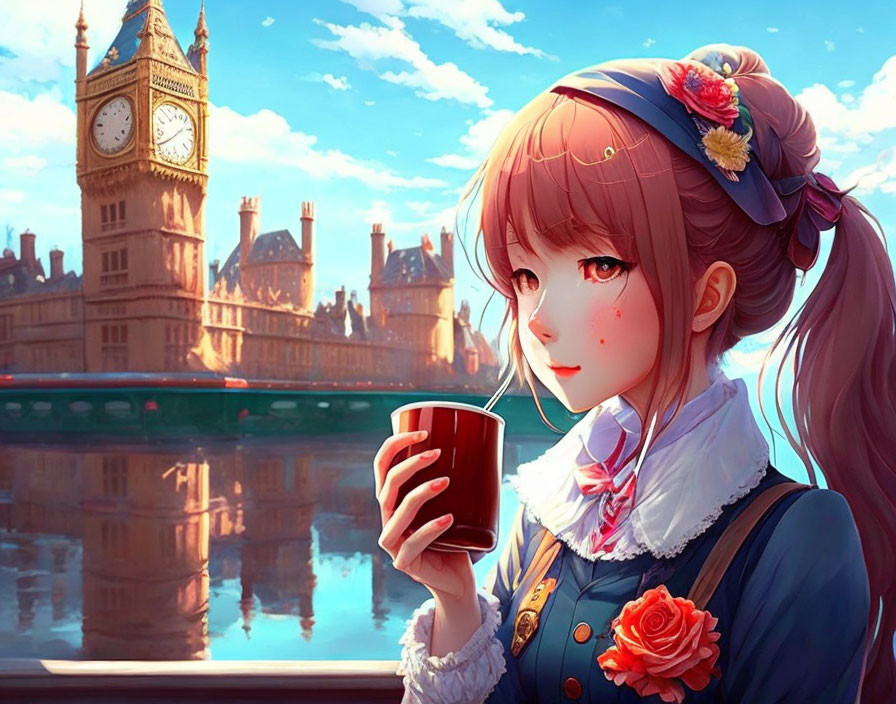 Side ponytail girl in blue hat with cup at Big Ben.