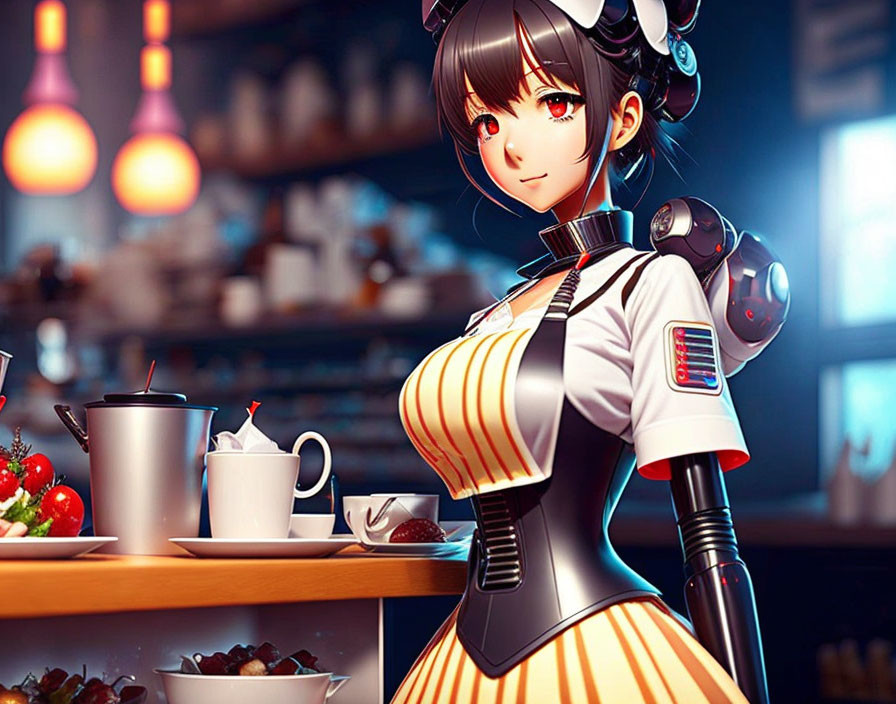 anime girl ai robot maid working in restaurant