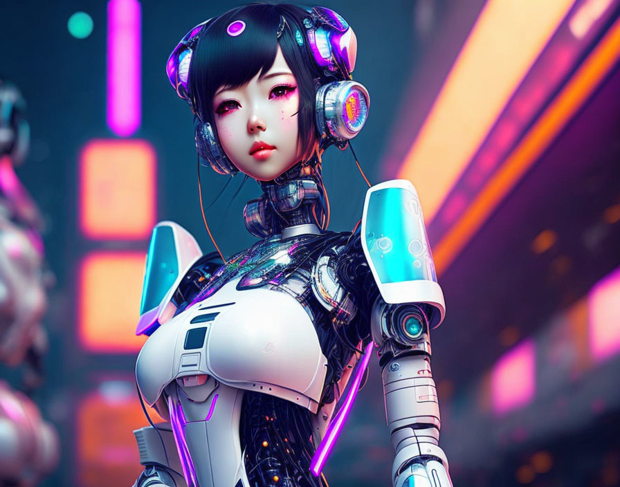 Futuristic female android with purple hair and neon highlights in cityscape.