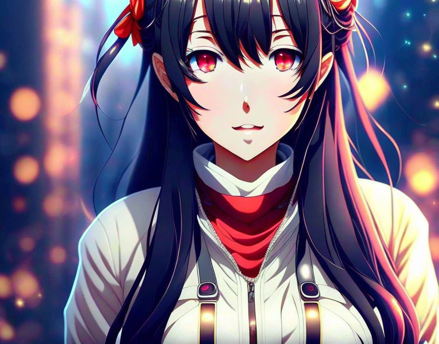 Digital illustration: Female anime character with long black hair, red eyes, white and red outfit, spark