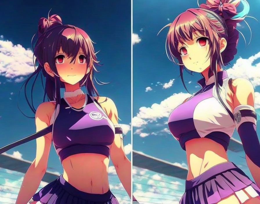 Twin girls in sporty purple outfits on a beach with tennis racket