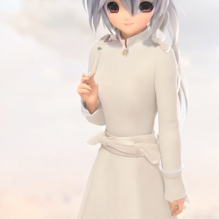 Purple-haired animated character in white outfit smiling gently
