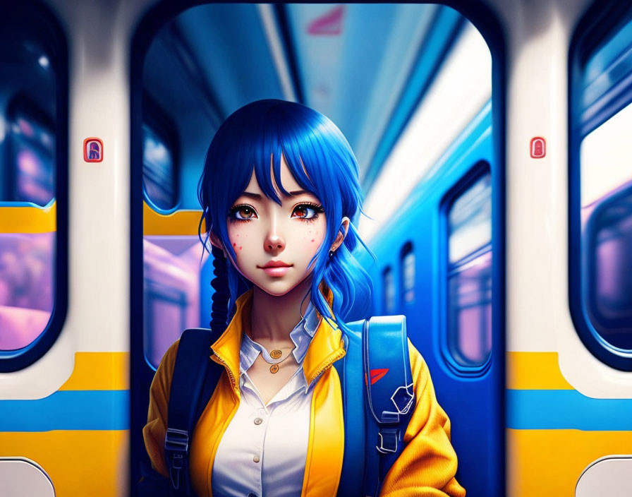 blue anime girl in train