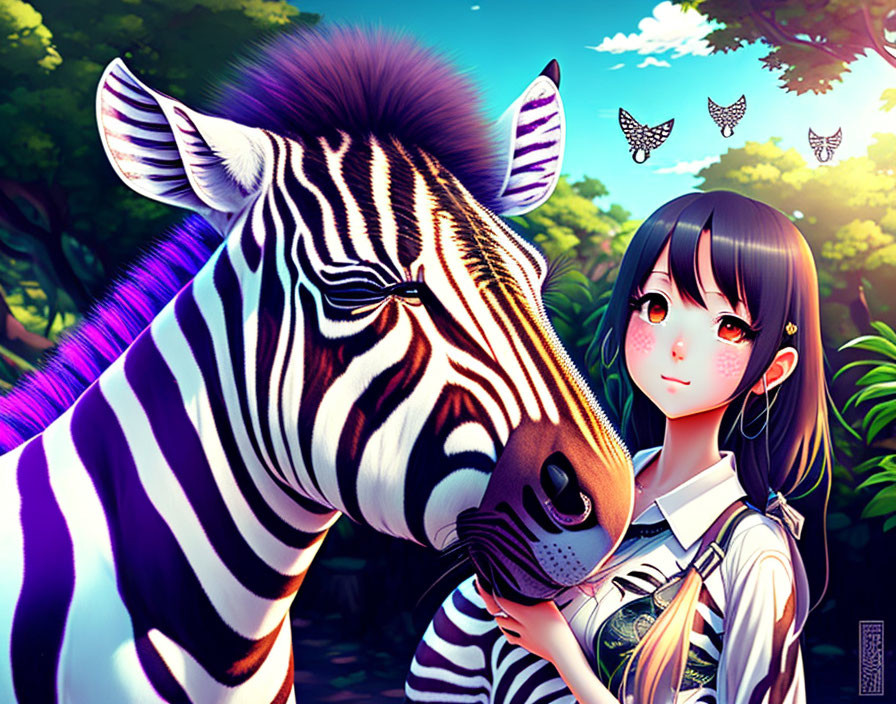 Anime-style girl with dark hair next to zebra in vibrant forest.