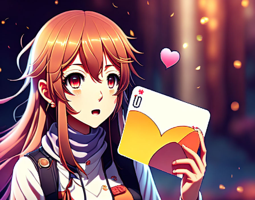 Illustrated girl with long hair holding heart envelope and glowing lights