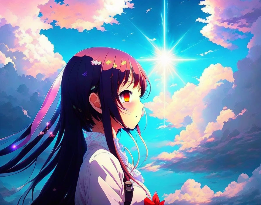 Dark-haired anime girl in white outfit gazes at bright light in vibrant sky