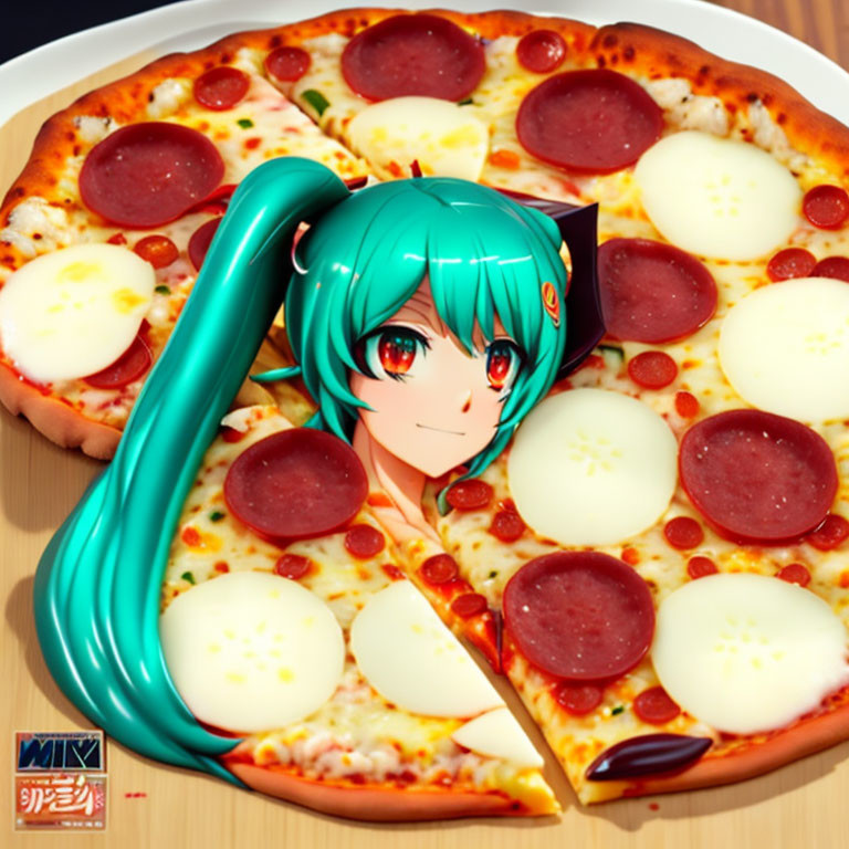Turquoise-Haired Anime Character in Pizza with Puzzled Look