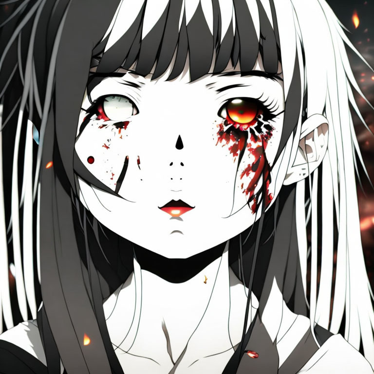 Anime-style Female Character with Black Hair and Yellow-Red Eyes in Blood Splatters on Black and White