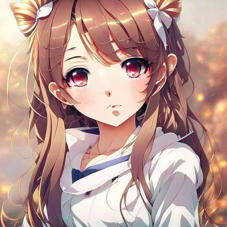 Brown-haired anime girl with red eyes and twin tails in white and blue outfit on golden background