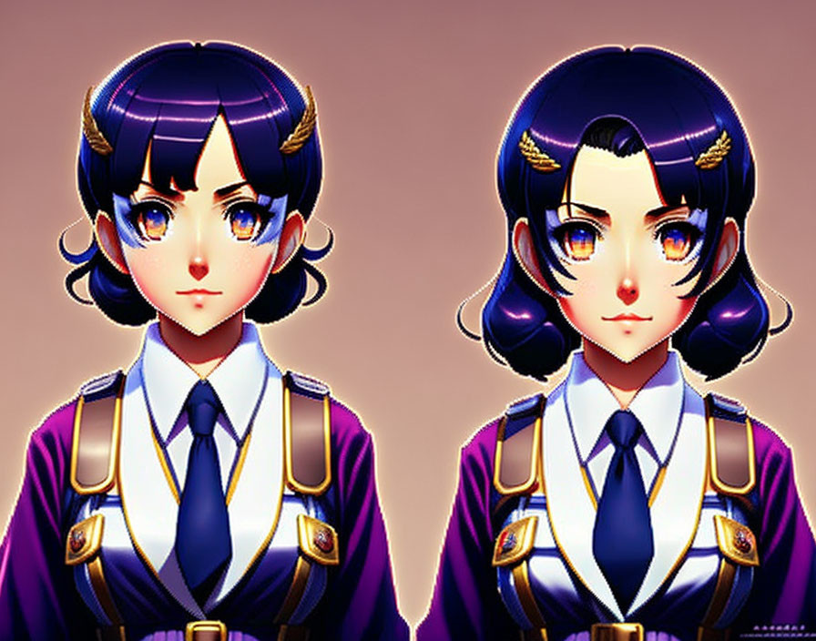 Anime characters with dark hair, golden horns, and detailed uniforms on purple background
