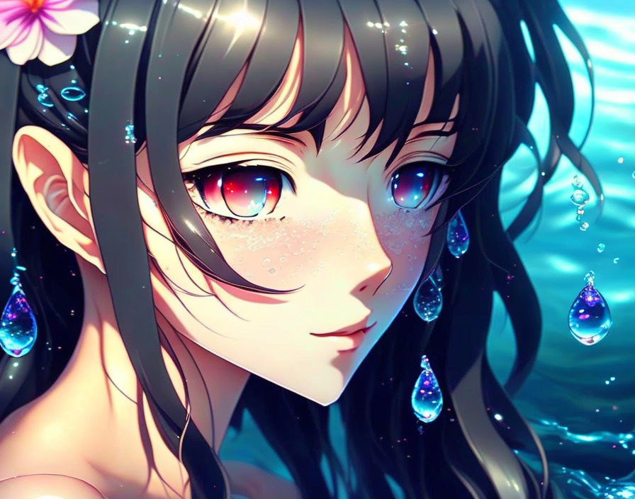 Character with sparkling red eyes, flower-adorned dark hair, dewdrops, and teardrop