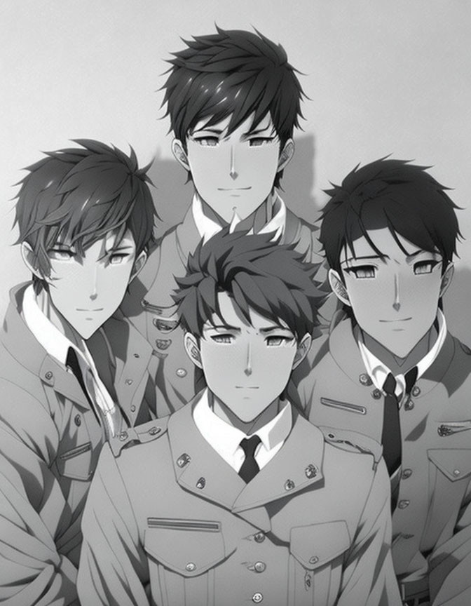 Four Dark-Haired Male Characters in Grey Uniforms Grouped Together
