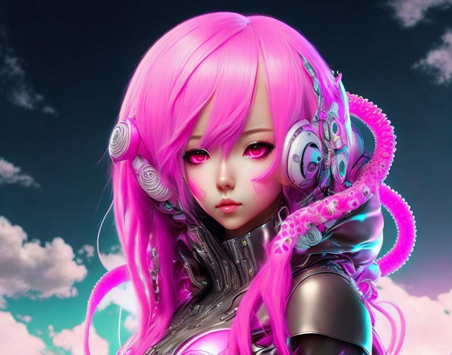 Vivid pink-haired animated female character in futuristic outfit
